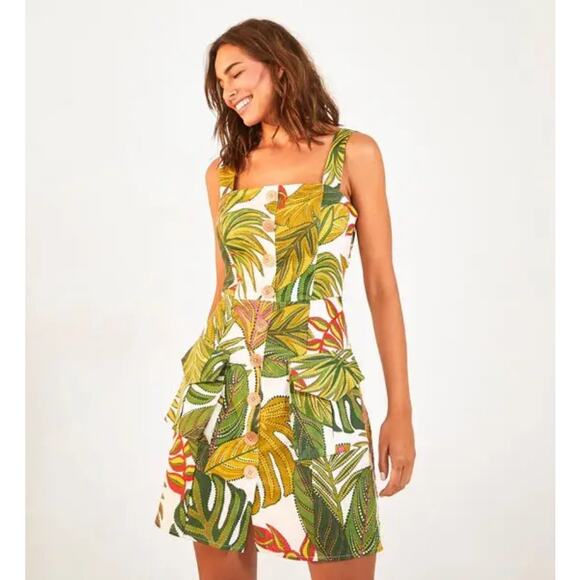 Farm Rio Spotted Leaves Utility Linen Mini Dress with Pockets Large Tropical - Picture 1 of 6